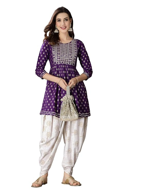 Stylum Women's Printed & Embroidered Rayon A-Line Kurti With Dhoti Pant