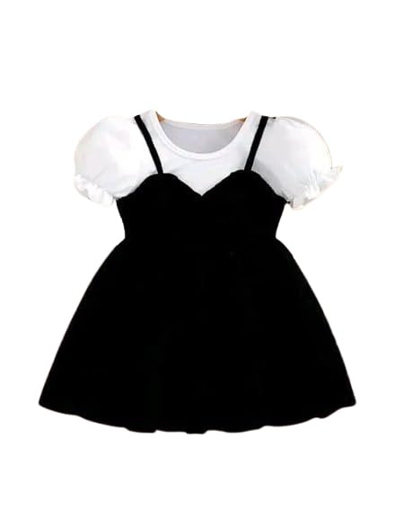 Kid Girls Black & White Short Sleeves Cute Knee Length Frock Dress| Comfortable, Breathable, Lightweight & Skin Friendly