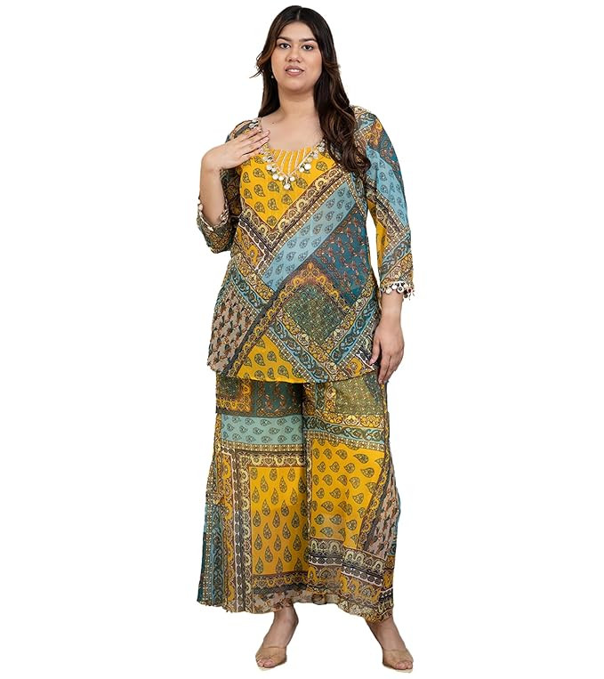 DEEBACO Paisley Patch Print Chiffon Kurti with Crop Top & Palazzo Indo Western Plus Size Co-Ord Set for Women's|Deep V Neck|Ladies Party Outfits Ethnic Summer Collection Stylish Fusion Wear