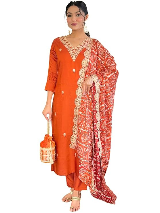 Naixa Women's Viscose Embroidered Straight Kurta with Viscose Pant and Silk Blend Embroidered Laced Dupatta Sets (Available in Plus Size)