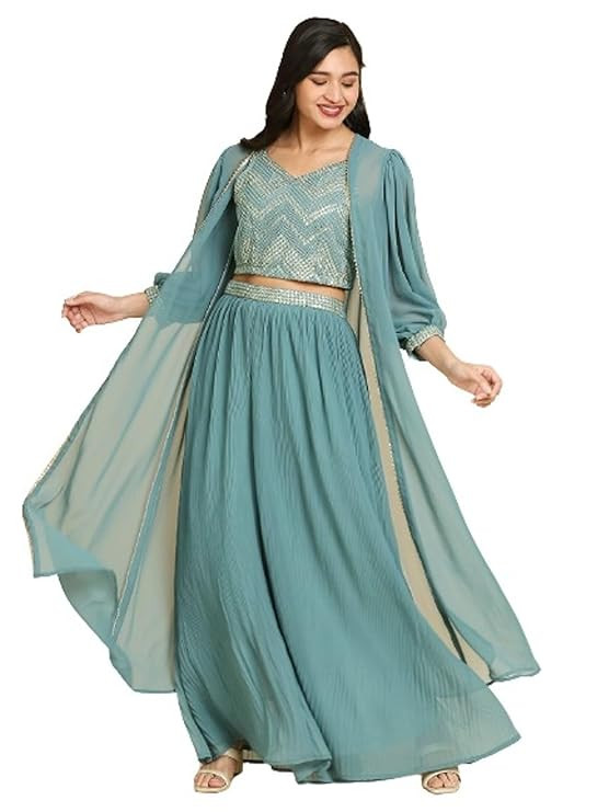 madhuram women'S Georgette Lehenga And Choli With Long Shrug Set For Solid With Heavy Embroidery Work Set(M-2410)