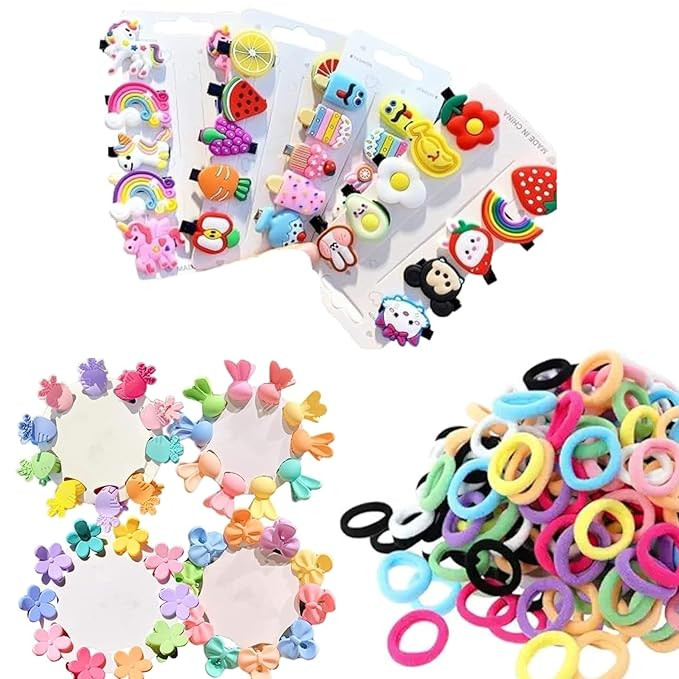 129Pcs combo Baby Hair Accessories 20pcs Mini Hair Clip 10 pcs Cute Fruit Cartoon Animal 100pcs Baby Hair Ties for Girls and Kids Hair Pin for Kids & Small Girls (Random Designs)