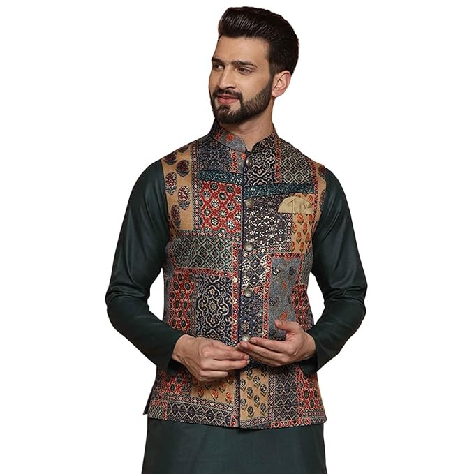 KISAH Men's Ethnic Wear Regular Fit Printed Cotton Blend Multi-Green Nehru Jacket|38