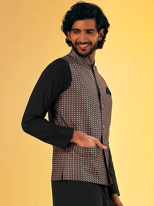 KISAH Men's Nehru Jacket, Black Pure Cotton, Woven Design Regular Fit Mandarin Collar Sleeveless (L)