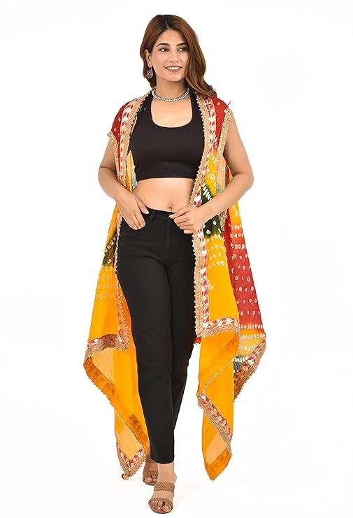 PK HUB Women's Jaipuri Bandhani Silk Dupatta Shrug – Rajasthani Bandhej Style with Gota Patti Work & Latkan