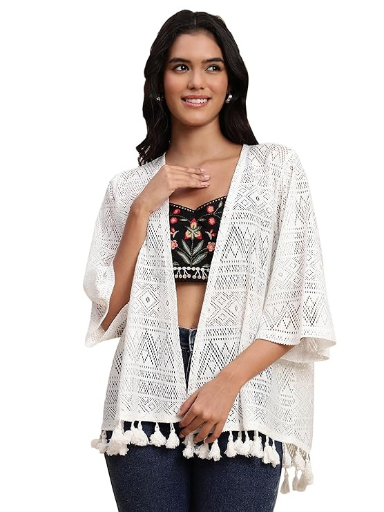 UnaOne Women Off White Regular Front Open Shrug with Fringes