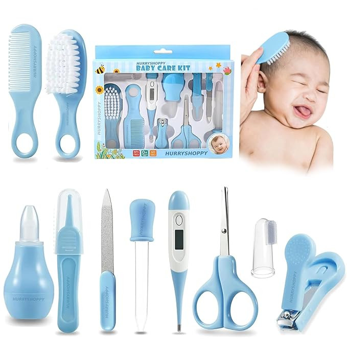 HURRYSHOPPY 10 Piece Baby Care Grooming & Healthcare Kit for New Born With Nail Clippers, Thermometer, Hair Brush, Scissors, Nasal Aspirator Safe & Portable Baby Essentials for Infant & Toddler Gift (Blue)HURRYSHOPPY 10 Piece Baby Care Grooming & Healthca