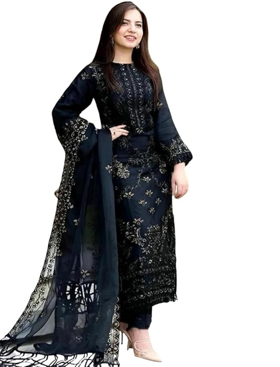 ROYALICA Women's Black Embroidered Pakistani Suit Set, 3-Piece Salwar Kameez with Dupatta,Georgette Straight