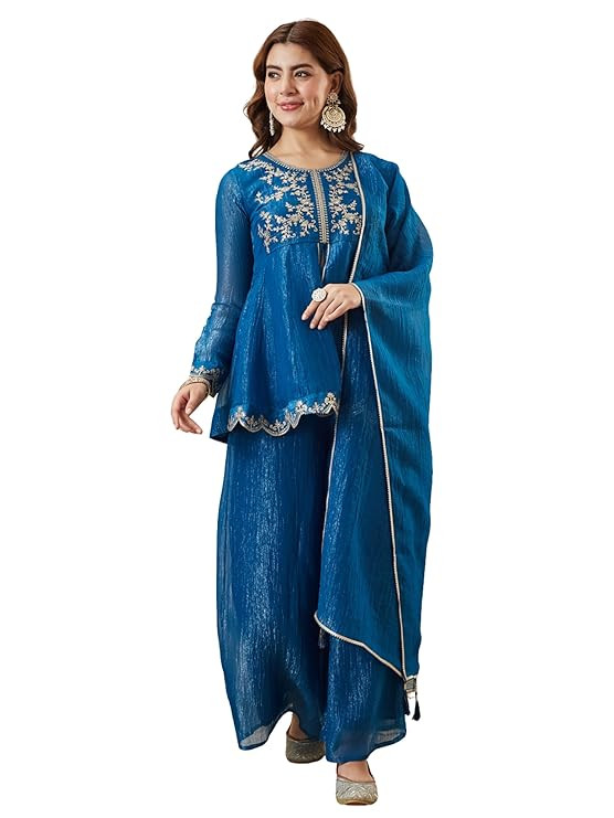 MOKOSH Women's Silk Embroidered Peplum Sharara Set with Dupatta | Ethnic Suit Sharara Set for Haldi and Wedding