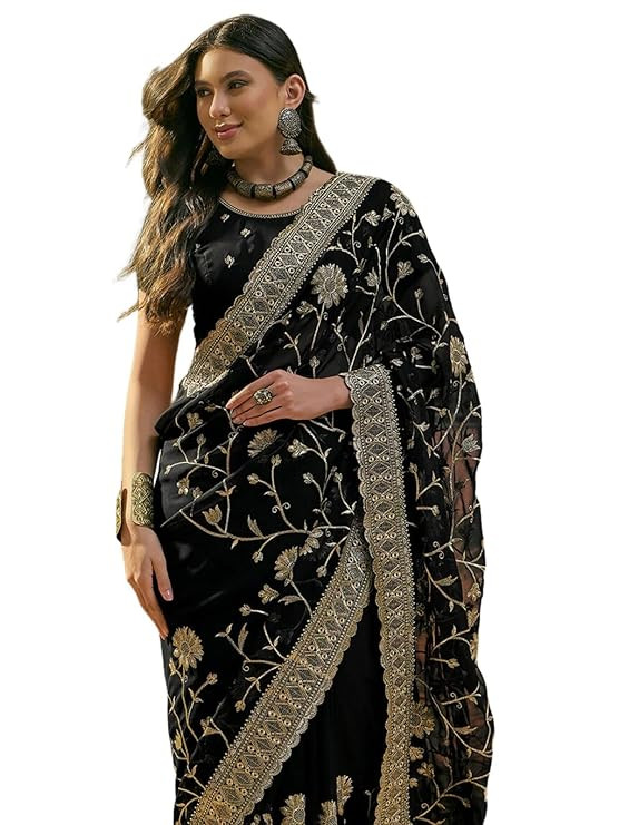 SIRIL Women's Georgette Embroidery Saree with Unstitched Blouse Piece