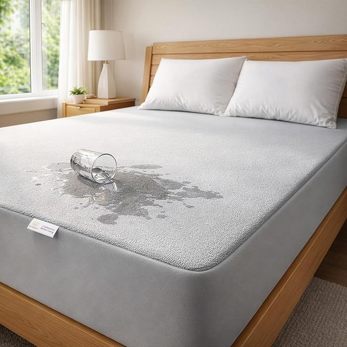 MY ARMOR Waterproof Mattress Protector King Size, 78x72, 6.5x6 feet, Double Bed Protector Sheet Cover, Breathable and Hypoallergenic Ultra Soft Fitted Terry Cotton Feel Fabric, Elastic Skirting, Grey