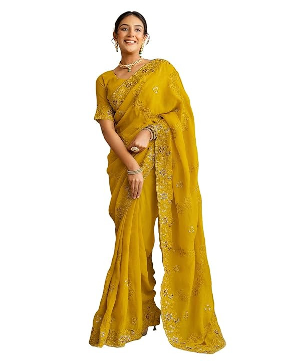 SIRIL Women's Shimmer Chiffon Embroidery, Scalloped Border Saree With Unstitched Blouse Piece
