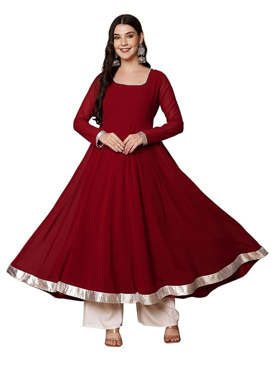 KZA Women’s Georgette Hand Embroidered Flared Anarkali Suit for Women | Full Sleeves Flare Anarkali Dress for Woman | Ethnic Flared Anarkali Kurta for Women