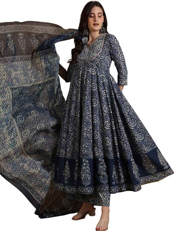 MEERA FAB Women Floral Printed Pure Cotton Anarkali Kurta with Palazzos & Dupatta