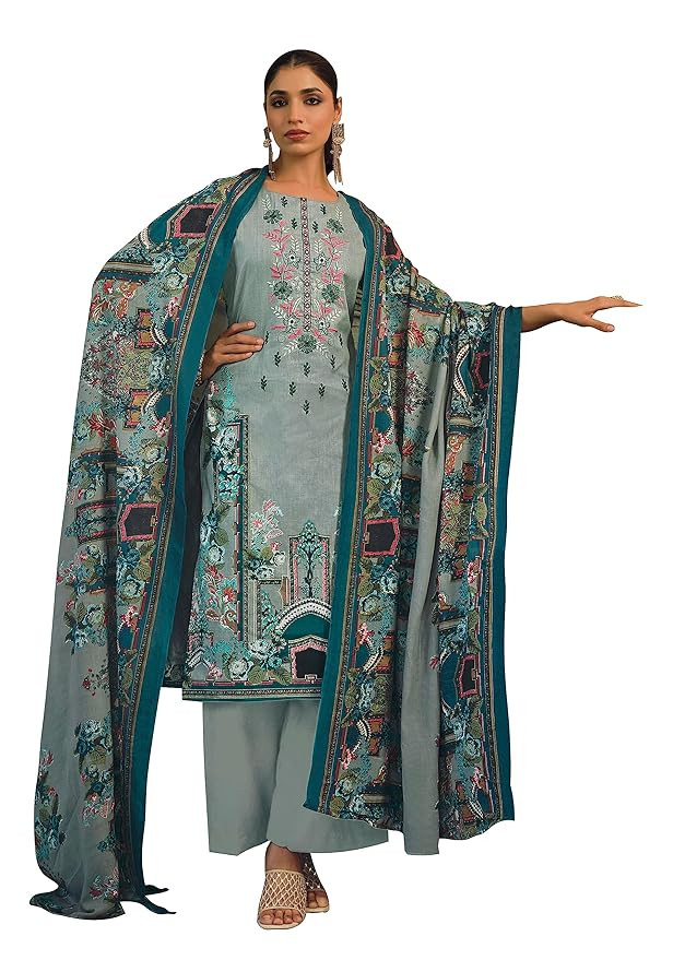 RIWAAYAT TRENDS Unstitched Pakistani Print Embroidered Cotton Suit Dress Materials with Cotton Printed Dupatta