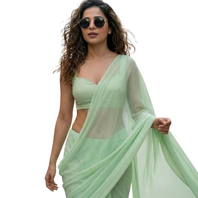 Celestial Mist Chiffon Saree, Lightweight Sheer Drape with Unstitched Blouse,