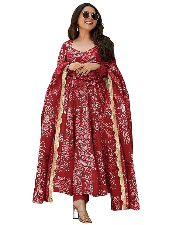 Pinkmint Women's Bandhani Print Flared Anarkali Muslin Kurta Set with Pant & Stylish Dupatta Ethnic Long Sleeve Dress Suit Set