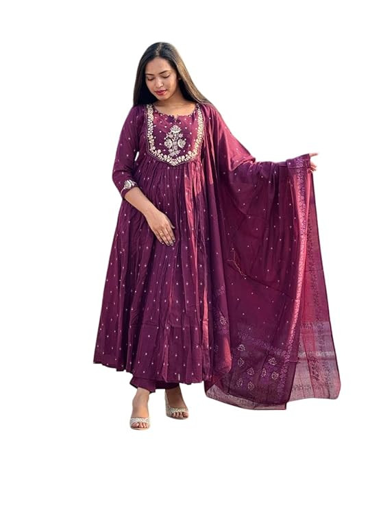 Women's Cotton Embroidery Anarkali Kurti and Pant with Dupatta Set