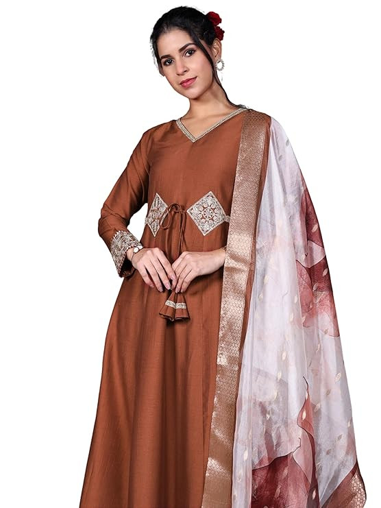 EthnicJunction Women's Cotton Silk Embroidered Anarkali Kurta Palazzo with Digital Print Dupatta Set