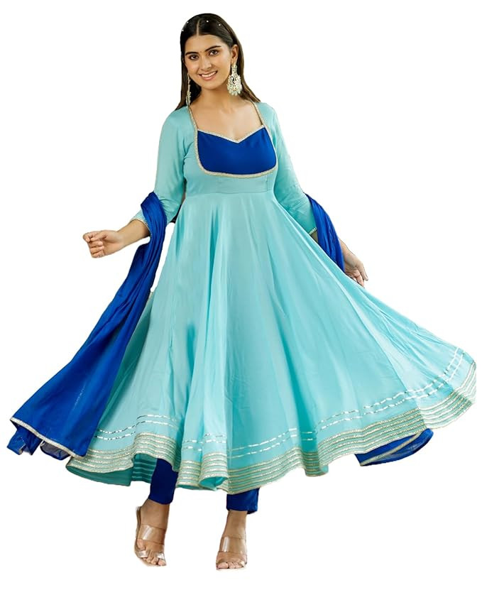 GoSriKi Women's Rayon Viscose Solid Anarkali Kurta with Pant & Dupatta