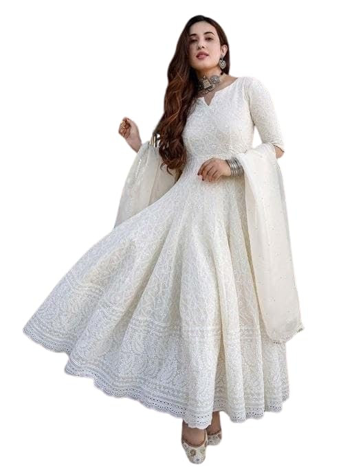 Women's Cotton Chikankari Long Anarkali Kurti With Dupatta (White)