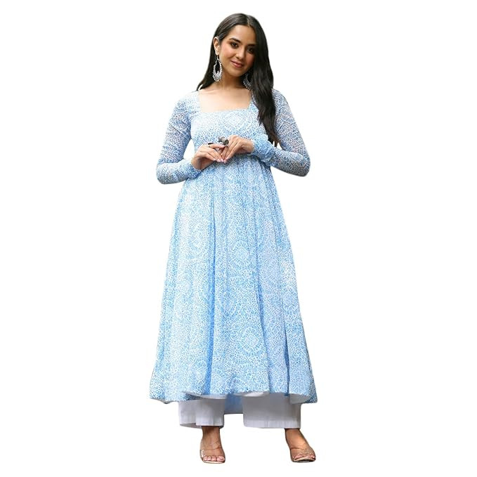 Toochki Kurti for Women | Kurtis | Georgette Kurtas | Flared Anarkali | One Piece | Sky Blue | Printed