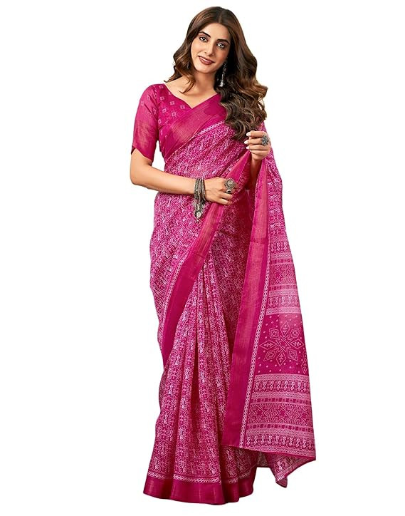 SIRIL Women's Cotton Printed Saree With Unstitched Blouse Piece