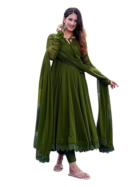 ESTELA Women's Georgette Flared Anarkali and Pant Set with Solid Pattern Calf Length Full Sleeves V Neck and Dupatta