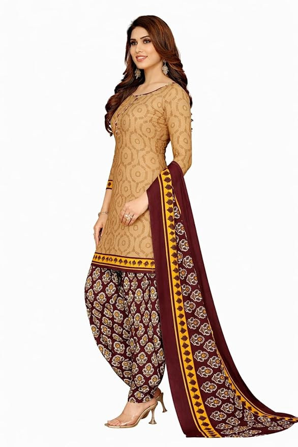 Printed Cotton Dress Material, Beige and Maroon, Patiala Salwar Suit Unstitched Fabric with Dupatta