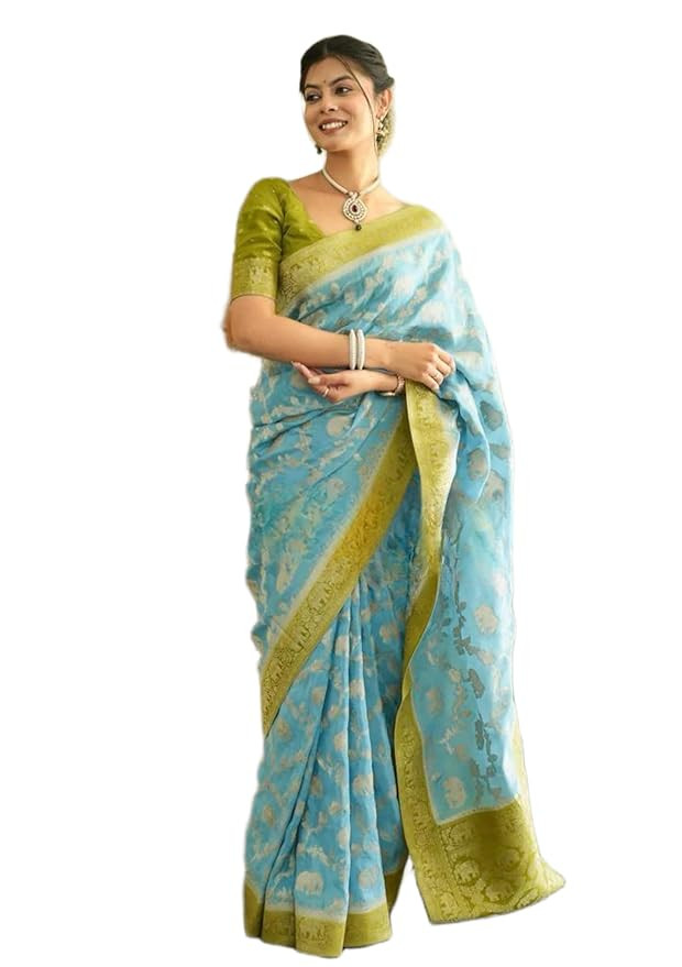 Womens Banarasi Silk Saree With Elephant Motifs And Lotus Vein Design And Banarasi Soft Silk Blouse 5.5 Meter Saree 0.8 Meter Unstitched Blouse Piece