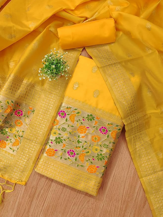 Pure Zari Banarasi Silk Suit Dress Material for Woman Premium Banarasi Dress Materials for Women Unstitched Soft Silk Top Bottom Dupatta Mor Jal Design