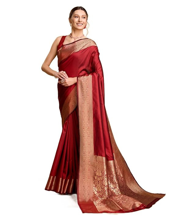 MADHUHANSH Women's Pure Kanjivaram Banarasi Silk Saree With Rich Zari Woven Contrast Border and Unstihed Blouse Piece Festive Saree for Women