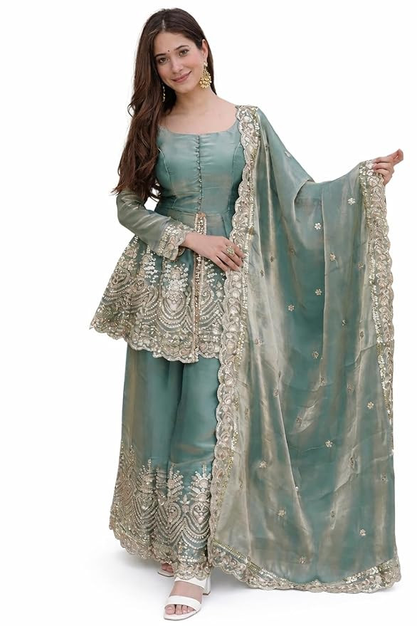 Women's Satin Silk Plazoo Set with Dupatta | Embroidered Short Kurti with Half Sleeves | Party, Ethnic Dress for Wedding, Haldi & Festive Occasions