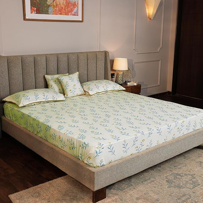 Mush Bamboo Ethereal Collection King Size Bedsheet with 2 Pillow Covers & 2 Cushion Covers - Gift Box Packaging | 100x106 in, 250TC Floral Printed, Ultra Soft & Anti-Microbial | Pack of 1, Olive Twig