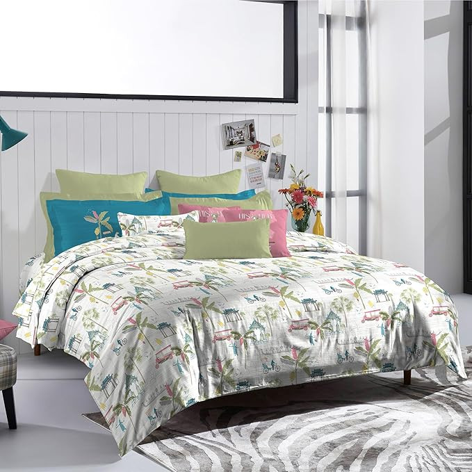 MYTRIDENT King Size Bedsheet Set, 144 Thread Count, 100% Cotton, 5-Piece Set (1 Bedsheet, 2 Pillow Covers, 2 Cushion Covers) His & Her Gifting Set- Ko Samui