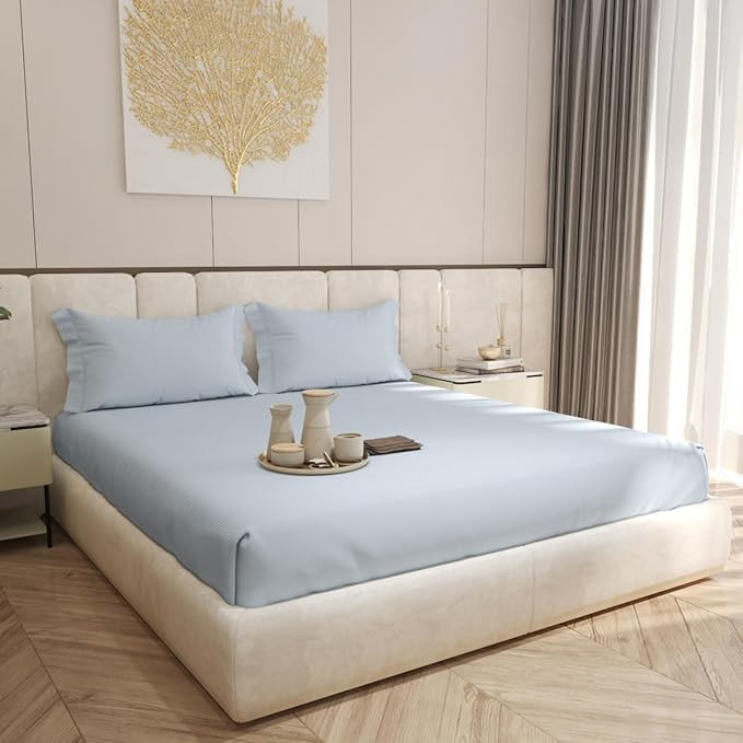 400 TC Cotton Bedsheet Set | Light Blue Cotton Bedsheet for Queen Size Bed | Soft Flat Bed Sheet | 224 x 254 cm Queen Size | 2 Pillow Covers Included
