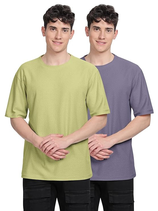 BULLMER Trendy Textured Half Sleeve Oversized Hexagon Waffle Crew Neck Tshirt for Men-Pack of 2
