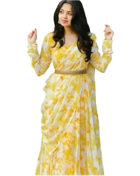 Elegant Yellow Floral Printed Georgette Saree with Pre-Draped and Designer Blouse – Lightweight Saree Women | Modern Festive & Special Occasions