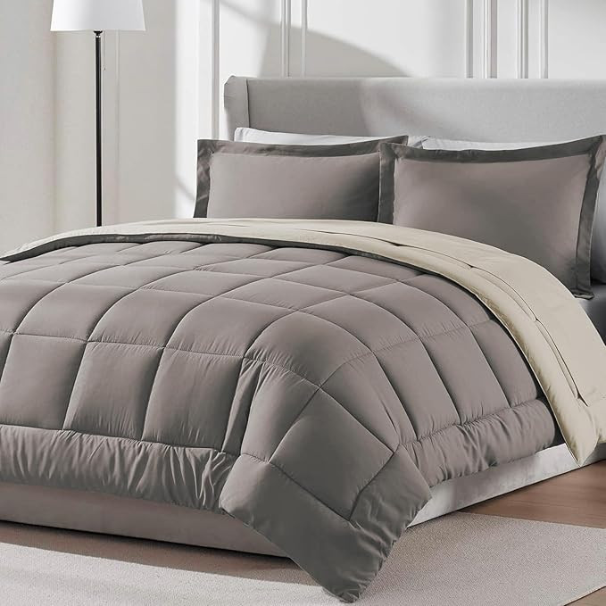 FURBO Microfiber Reversible 200 GSM AC Comforter Set Double Bed with 2 Pillow Covers, Quilt for Double Bed King Size for All Season Comfort (90x100 Inches, Mocha & Cream)