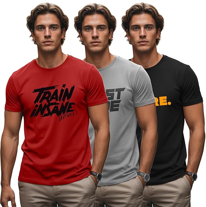 LEOTUDE Men Polycotton Solid Quick Dry Sports Gym T-Shirt Half Sleeve Round Neck Regular Fit Active Wear for Running and Training (Pack of 3)