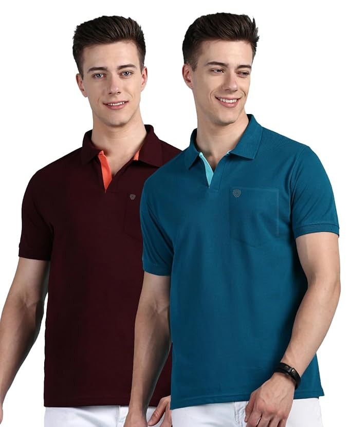 Lux Cozi Men Cotton Regular Fit Polo Neck Half Sleeve Solid Casual T-Shirt with Chest Pocket | Pack of 2 |