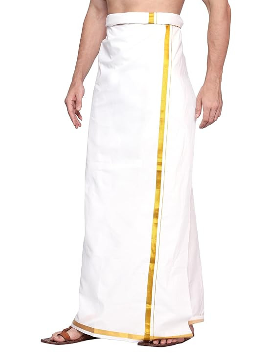 Gowri Tex Men's 100% Pure Cotton White With Gold Jari Lungi in Size 2 Mtrs Single Lungi