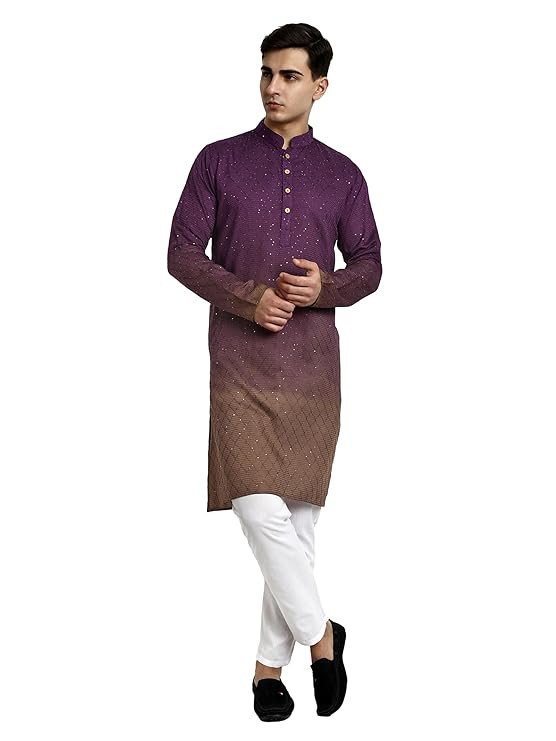 Vardha Men's Cotton Chikankari Embroidered Kurta with Full Sleeves and Knee Length Design and Elegant Sequence Work | Kurta for Men