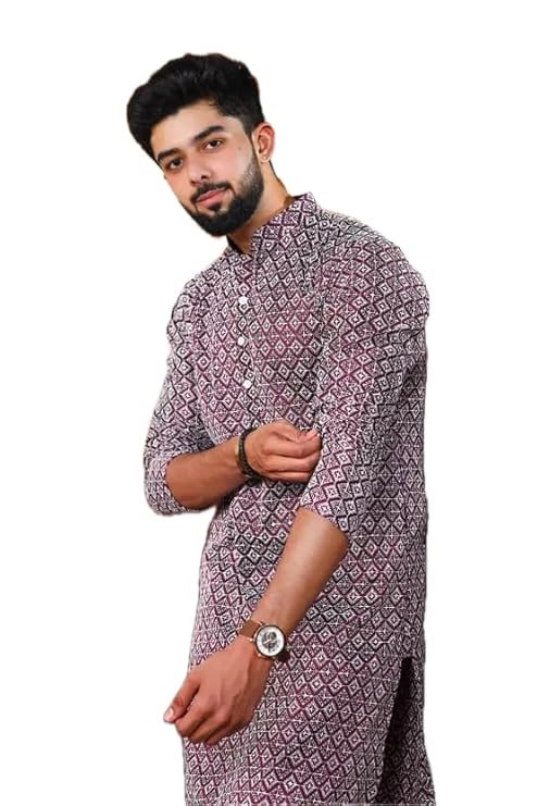 LookMark Men’s Printed Silk Blend Kurta with Mandarin Collar, Full Sleeves, Straight Fit Traditional Ethnic Wear