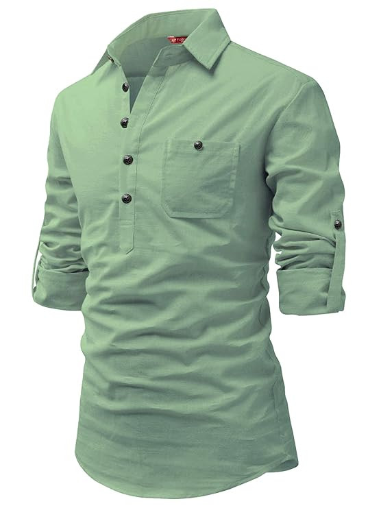 Men's Cotton Slim Fit Full Sleeve Spread Collar Short Kurta with Beautiful Design | Stylish Comfortable Ethnic Kurta for Casual Outings, Parties, Festivals, Weddings, Family Functions
