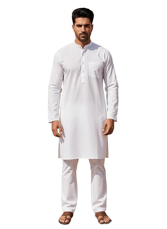 Men's Pure Cotton Solid Regular Fit Ethnic Wear White Kurta Pajama Set with Front Pocket