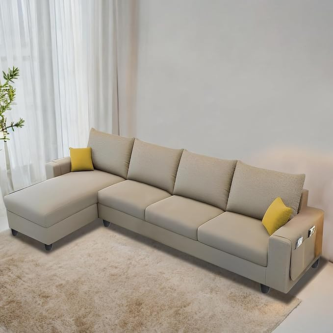 Casaliving Porto LHS 6 Seater L Shape Sofa Set for Living Room (Cream Fabric) Premium Velvet Fabric