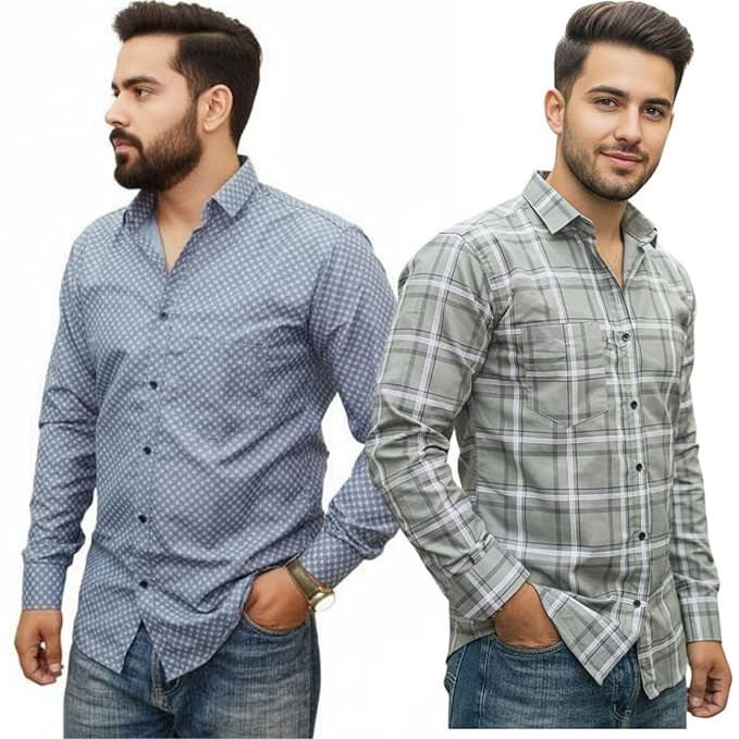 Pack of 2 Men's Cotton Fabric Button Down Full Sleeve Collar Neck Regular Fit Check & Dotted Printed Combo Shirt