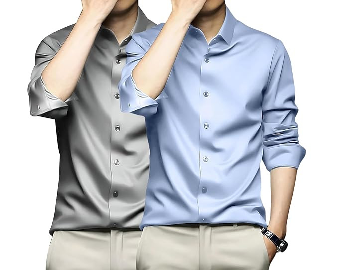 DEELMO Combo of Men's Stylish Solid Satin Casual Shirt for Men Full Sleeves| Poly Satin Silk Shirt Pack of 2