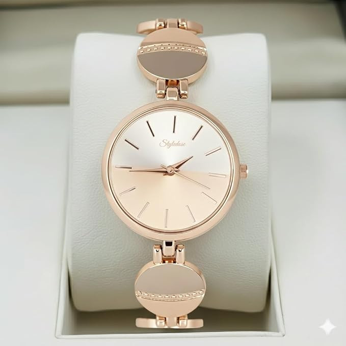 STYLEDOSE Women’s Elegant Silver-Tone Bangle Watch Women Analogue Wrist Watches for Women's & Girls&Ladies Diamond Studded Rosegold Stylish Bracelet Strap